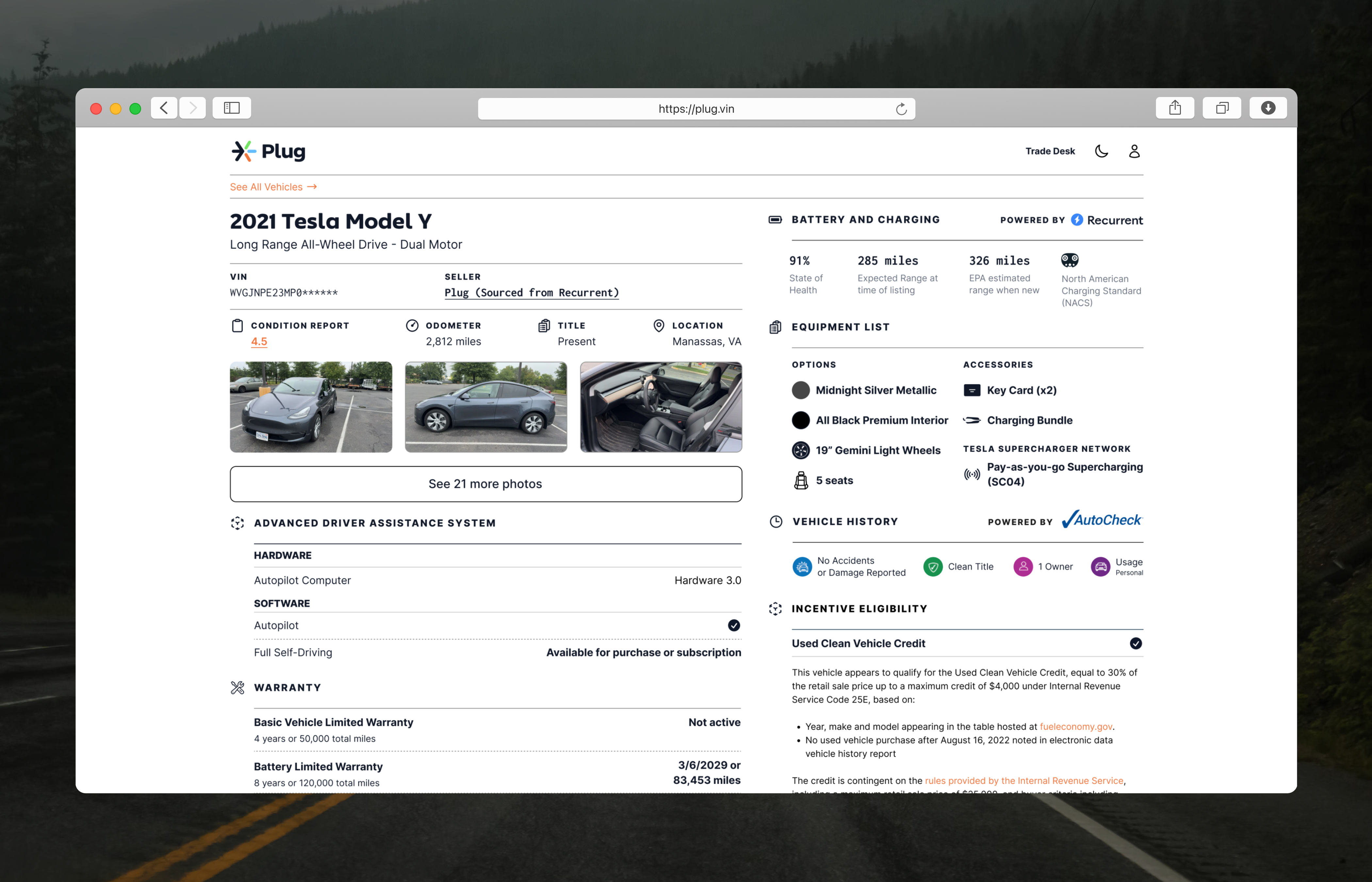 Plug vehicle detail page